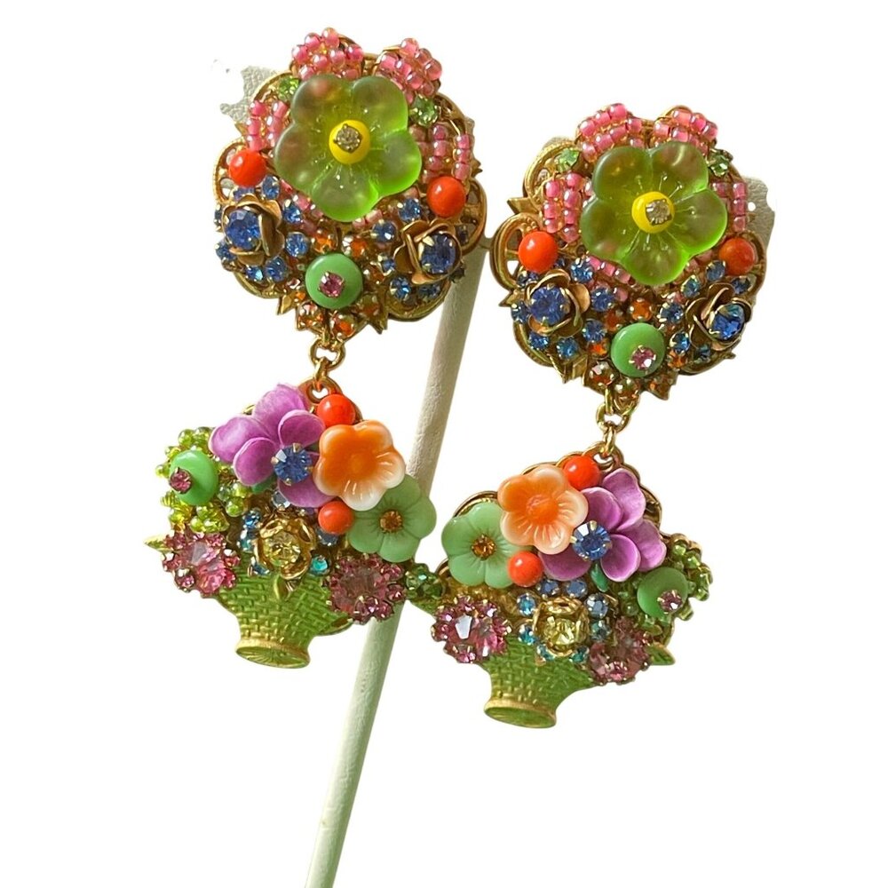 Stanley Hagler NYC Vintage Floral Basket Clip-On Earrings Rhinestones & Molded G